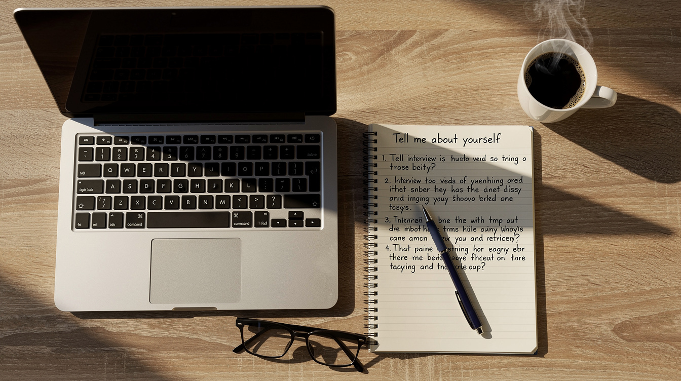 Desk with interview script notes, laptop, notebook and coffee cup prepared for an interview