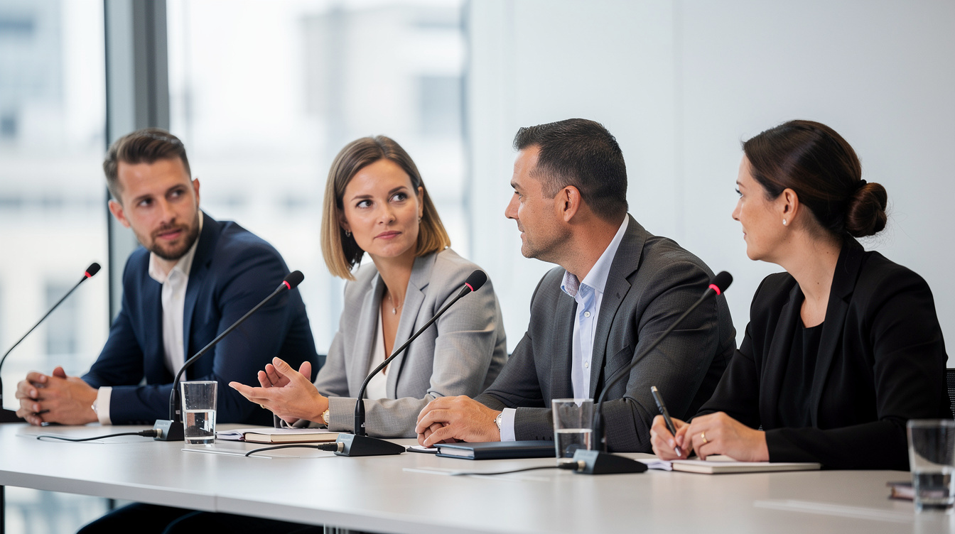 Panel of speakers seated behind a table with microphones during a press conference style exercise
