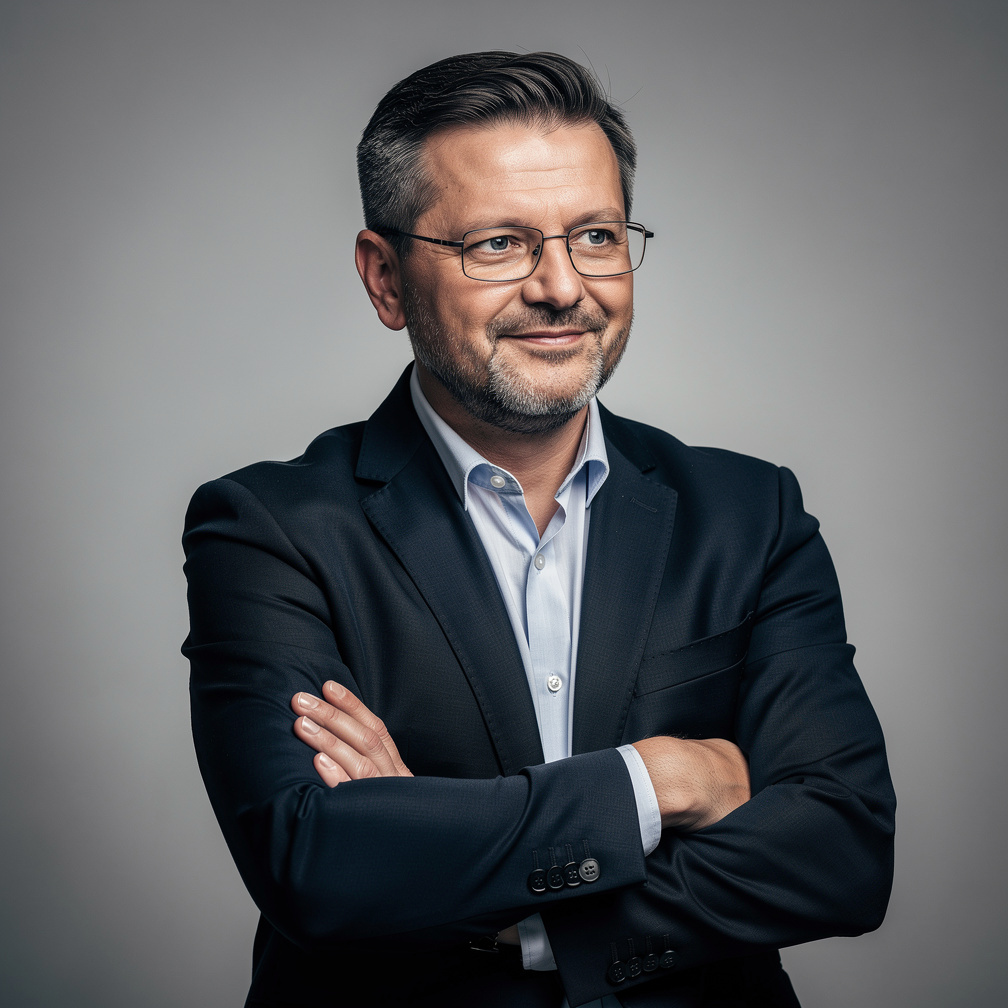 Senior Slovenian journalist in his fifties wearing glasses and a blazer with arms crossed