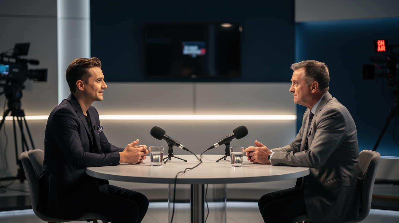 Host and guest talking during a television interview in a studio with warm lighting